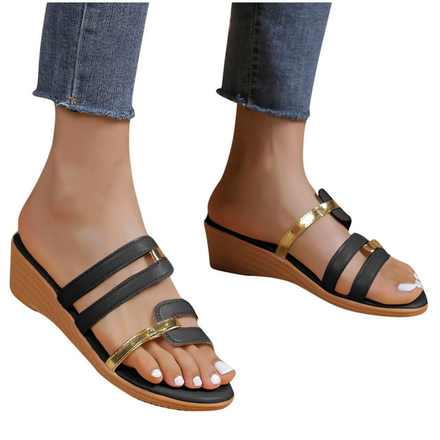 Wedge Sandals for Women Slide Color Blocked Straps Open Toe Soft Sole Non Slip Comfortable Walking Beach Summer Slippers Black