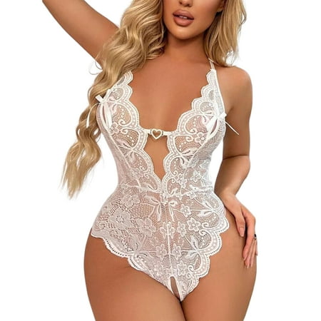 Women s Valentine s Day Anniversary Hip-High Crotchless Lace Lingerie Sexy Babydoll Bodysuit Underwear