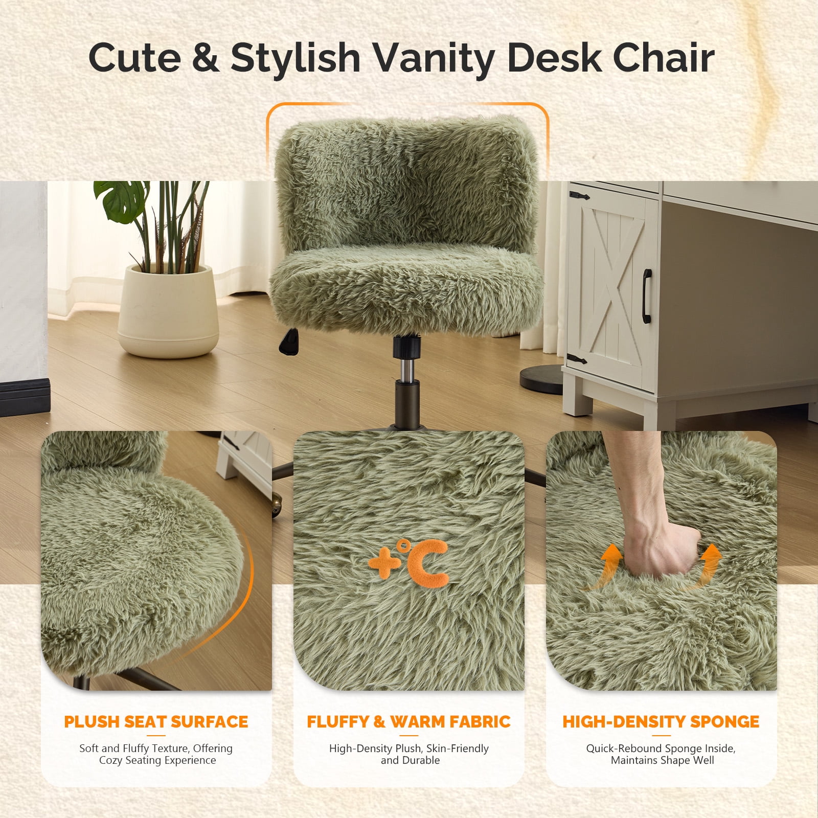 Ktaxon Vanity Chair, Adjustable Desk Chair with Metal Base and Swiveel Casters, Long Pile Fabric Makeup Chair for Women, Ideal for Office,Study and Home Green