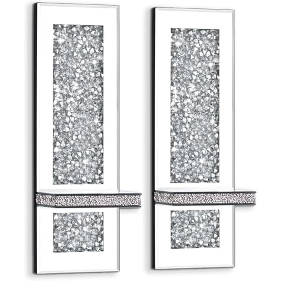 2 Pack Crystal Crush Diamond Wall Candle Sconces, Silver Wall Candle Holder, Glass Wall Decor for Living Room, Dining Room, Bedroom (Rectangle)
