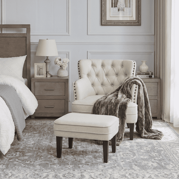 L'AGRATY Tufted Accent Chair Set with Ottoman, 28.4" Wide Armchair & Footrest Combo, Ideal Leisure Seating for Bedroom, Living Room, or Study (1 Chair   1 Ottoman)，Beige