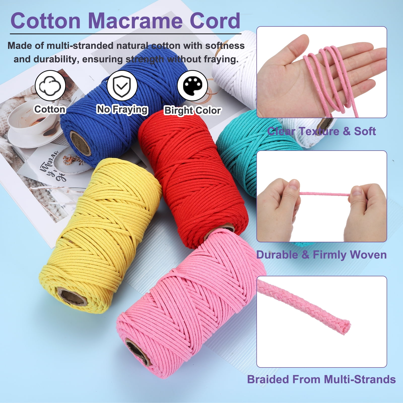 Braided Macrame Cord, 4mm x 109 Yards Natural Cotton Rope Macrame Yarn Bohemia Craft String with Scissors(Rose Pink)