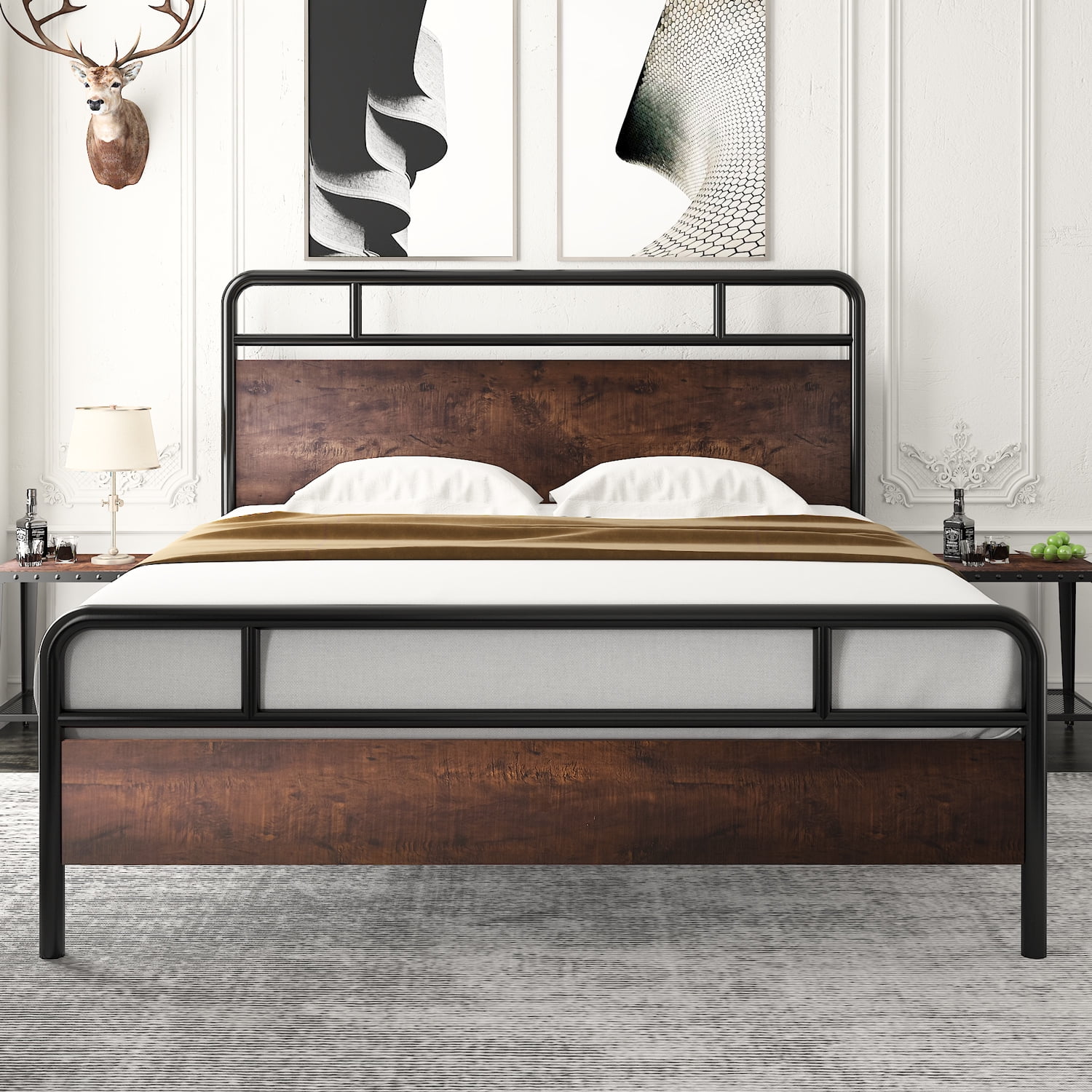 Amolife Queen Size Modern Heavy Duty Metal Platform Bed Frame with Modern Wood Headboard, Sanders, Dark Brown