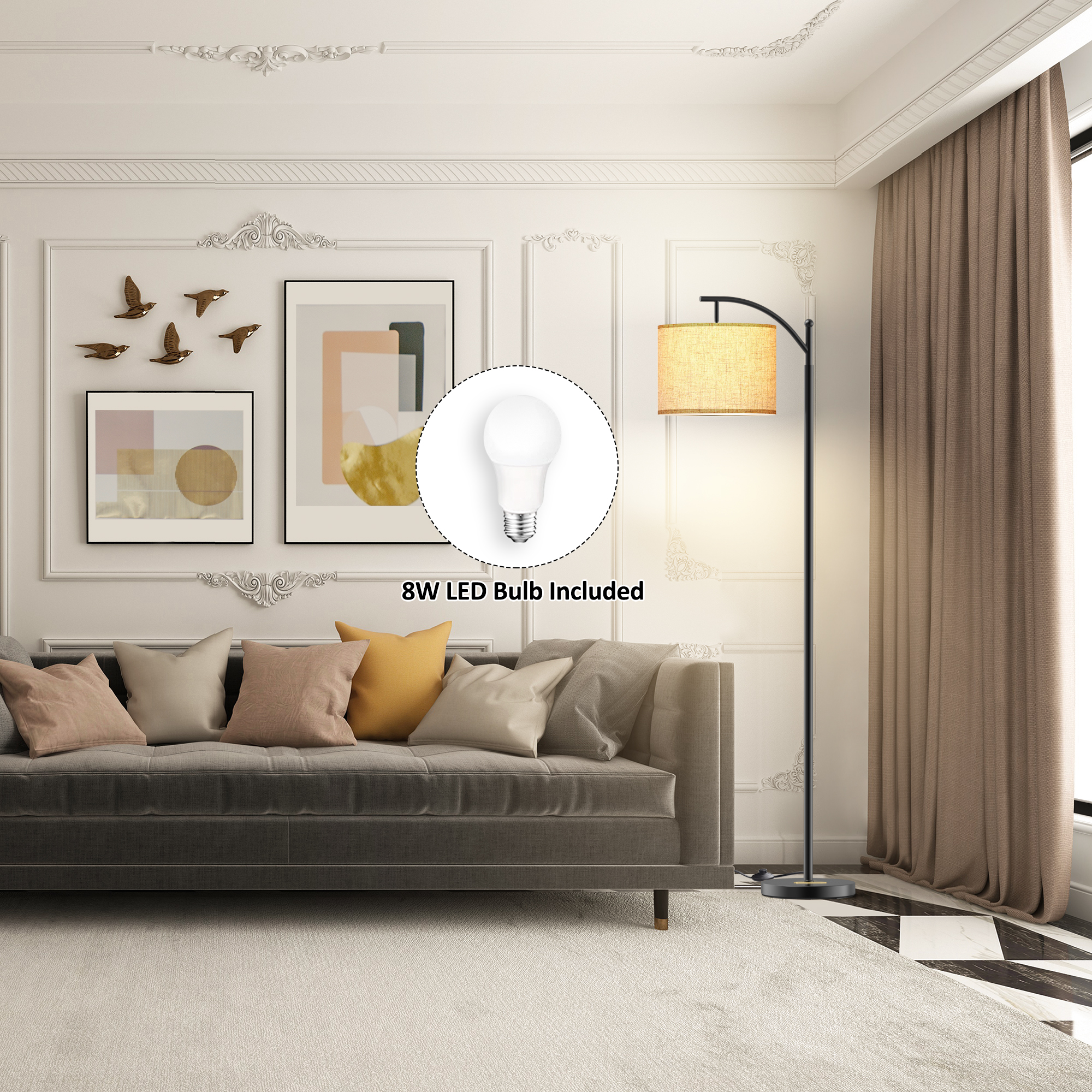 JURULU 62'' Arched/Arc Floor Lamp with Remote Control and Bulb Included,White Lampshade