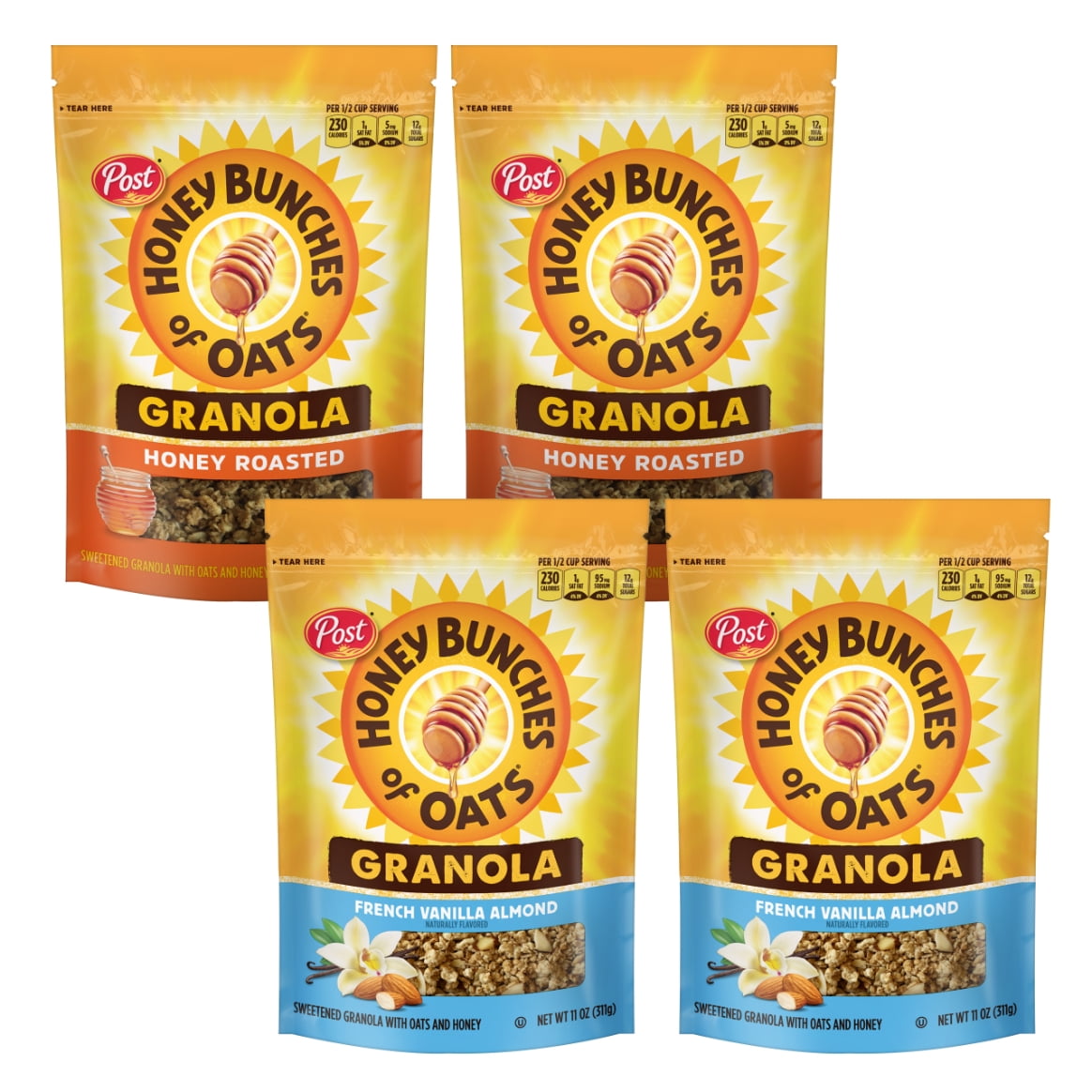 Honey Bunches of Oats - Granola Variety Pack (2 Honey Roasted, 2 French Vanilla Almond)