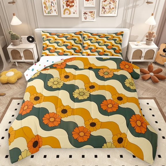 Manfei Colorful Flower Floral Bedding Comforter Set,Cute Cartoon Daisy Twin Comforter Sets,Geometric Waves Stripe Bedding Set For Kids,Super Cozy Room Decor Reversible,2pcs