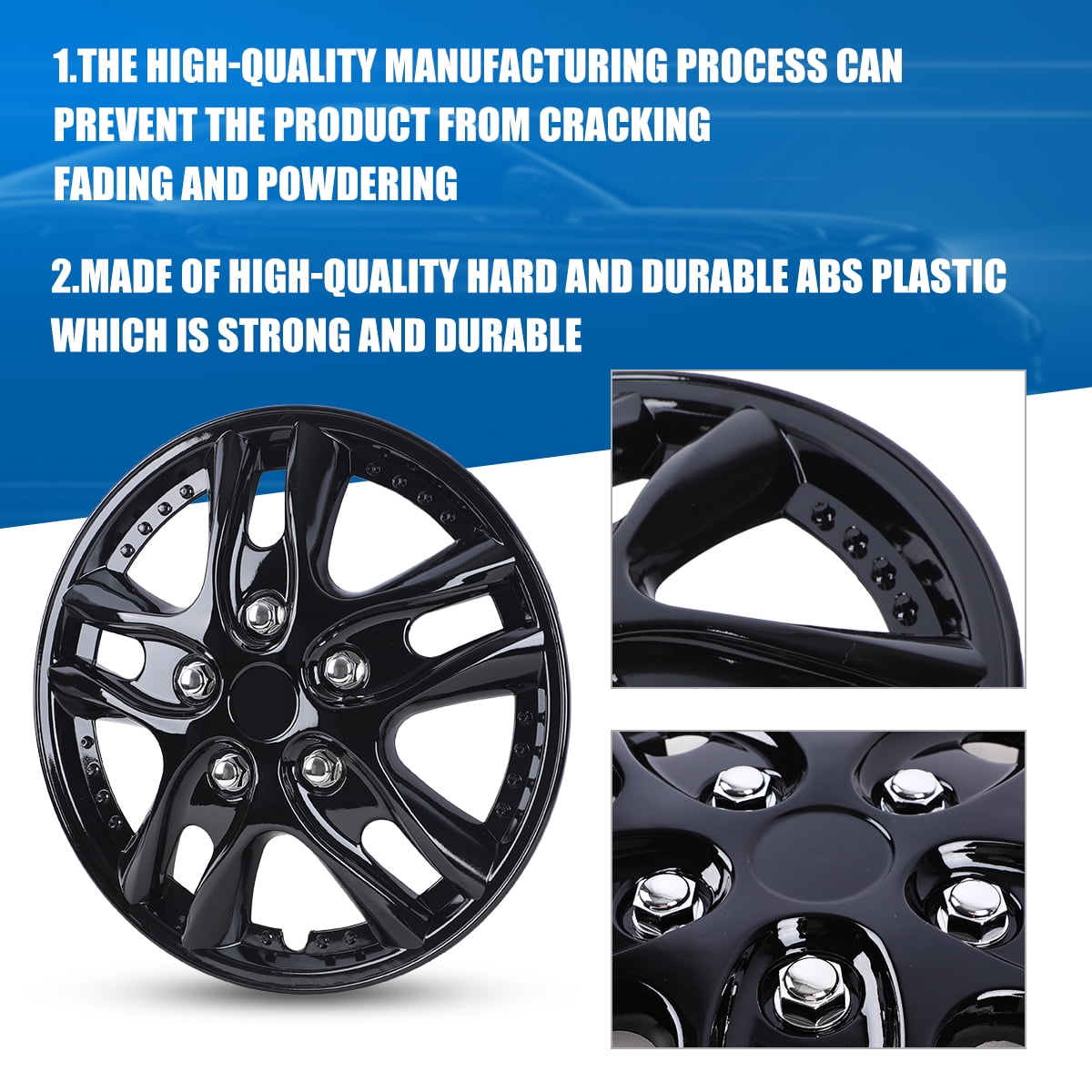 12" Set of 4 Universal Wheel Covers Hubcaps,Snap on Car Truck SUV,fit R12 Tire & Steel Rim,PP Material,Black Lacquer