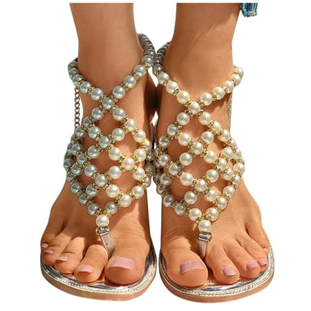 

YanHoo Women s Rhinestone Flat Sandals Wedding Dresssy Low Wedge Travel Flat Sandal Summer Shoes Cute Strappy Open Toe Flat Sandals