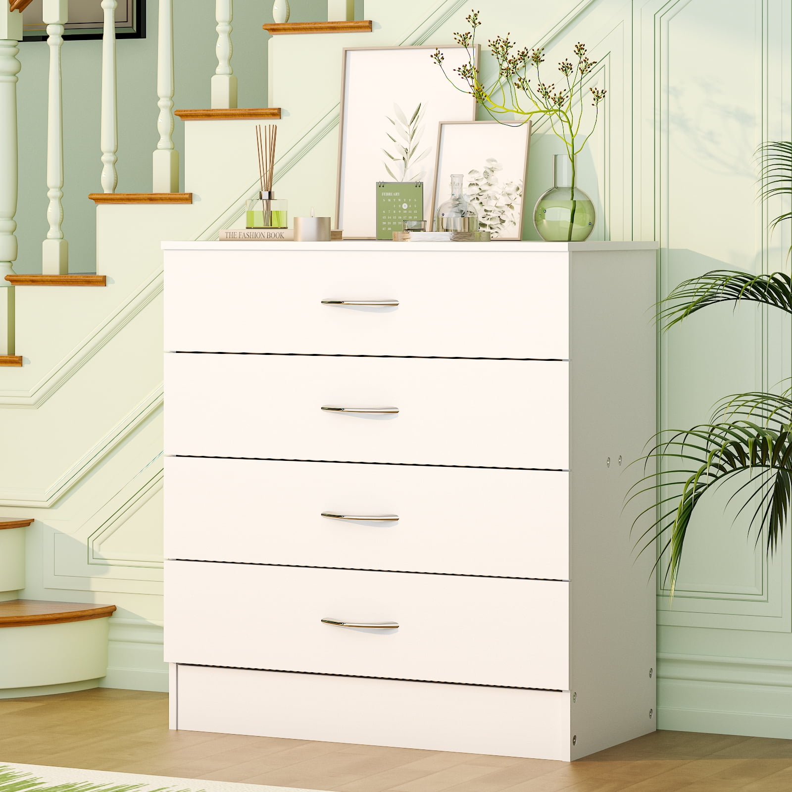 UBesGoo 4-Drawer Dresser Pure White with Metal Handles Bedside Night Stand Bedroom, White