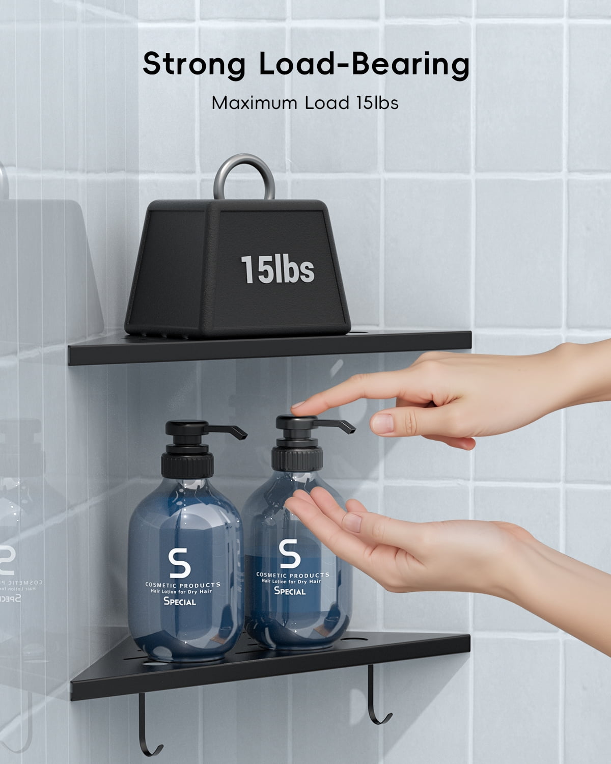 DAYONE Matte Black Corner Shower Shelf 2 Pack 10", Bathroom Corner Shower Organizer Shelf for Tiled Wall, SUS304 Stainless Steel Slot Design Recessed Corner Shelves with 2 Hooks and 4 Holes
