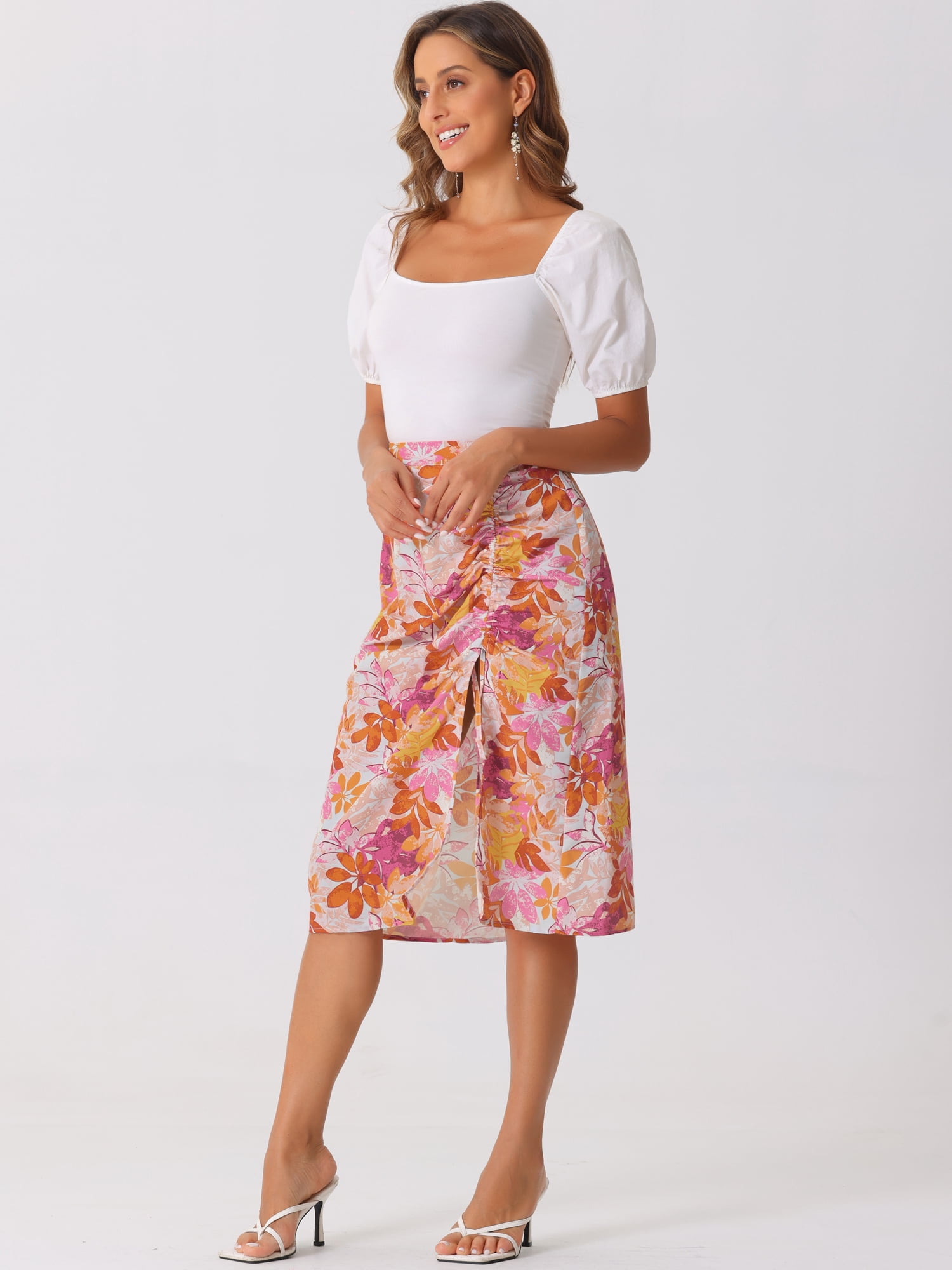 DARING DIVA Women's Tropical Beach Ruched Split Thigh Lightweight  Skirt XS Orange