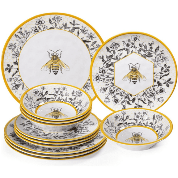 Honeycomb Bee Sweet 12-Piece Melamine Dinnerware Set,Melamine Dishes Set of 4, Lightweight and Unbreakable Garden Floral Dinner Plates and Side plates and All-purpose Bowls Set