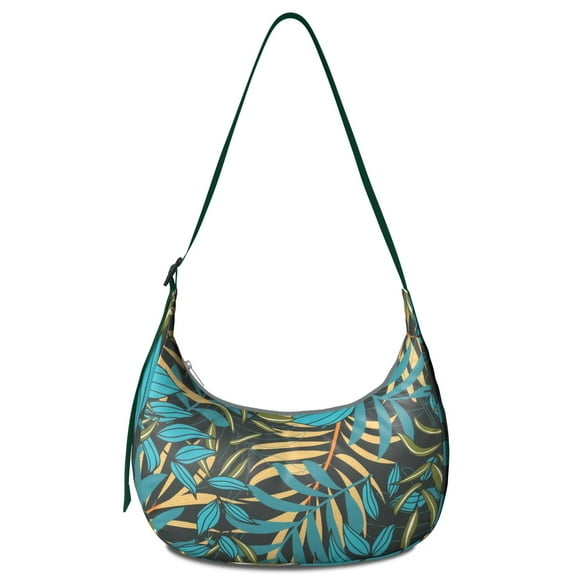 Hawaiian Floral Palm Leaf Crossbody Bag for Women Tropical Plant Corduroy Shoulder Purse with Adjustable Strap Jungle Leaves Crescent Sling Bag