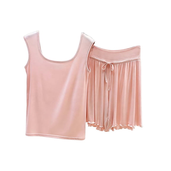 Besolor Plus Size 2 Piece Outfits for Women Summer Pajama Sets Square Collar Sleeveless Tank Tops with Shorts Underwear Sleepwear Set(X-Large,Pink)