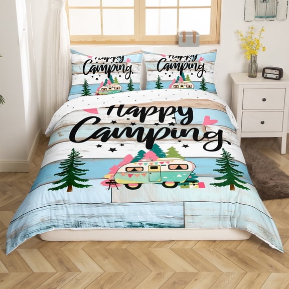 Erosebridal Cartoon Car Comforter Cover Twin,Happy Camping Bedding Twin Size,Lodge Cabin Duvet Cover Twin,Breathable Boys Bedroom Decor(No Comforter),Reversible,3pcs