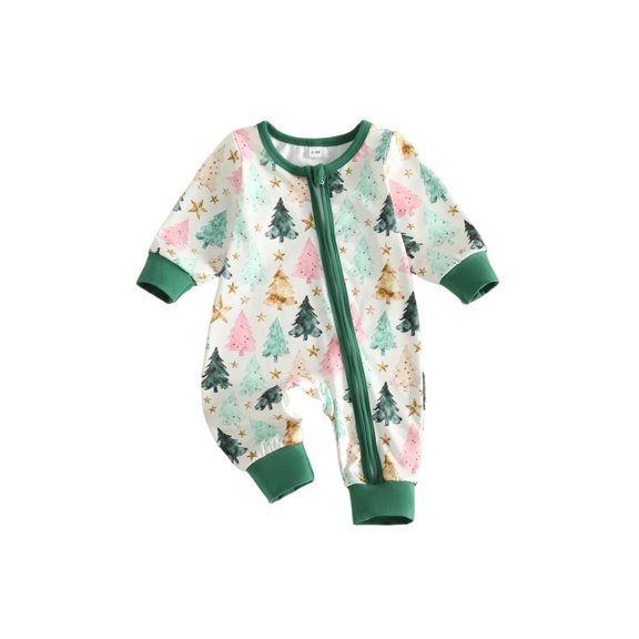 Cenuakty Boy Christmas Romper Zip Front Print Crew Neck Long Sleeve Jumpsuit