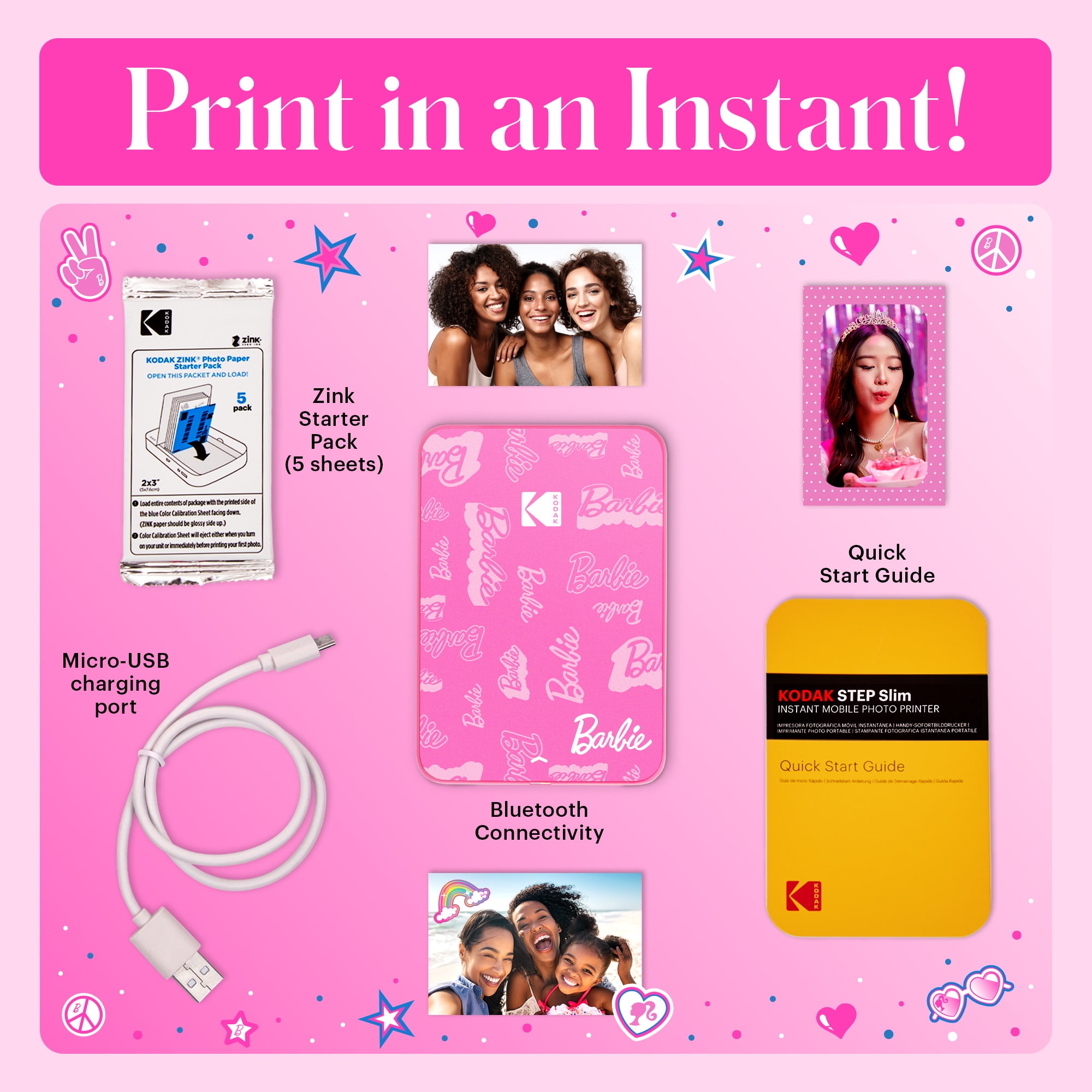 Barbie x Kodak Step Slim Wireless Instant Portable Photo Printer, 2x3" Color Instant Photo Printer