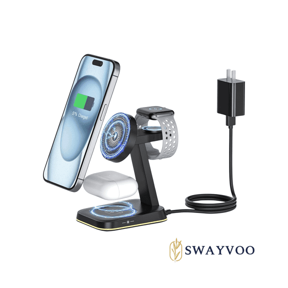 Swayvoo MagSafe Wireless Charging Station 3-in-1 with LED Night Light — 15W Fast Charger for iPhone 17 16 15 14 13 12, Apple Watch, AirPods