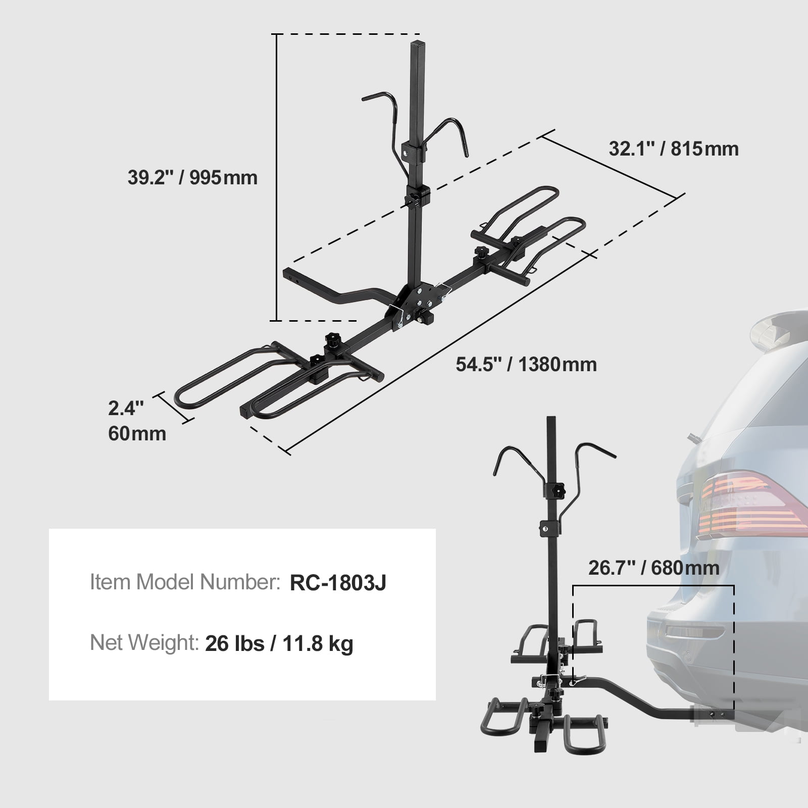 VEVOR Hitch Mount Folding Carrier 2 Bike Rack 80 lbs, Steel Multicolor, 32.1 x 54.5 x 39.2 inch