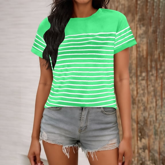 Womens Striped Crop Top Casual Short Sleeve Crewneck T Shirt Soft Relaxed Fit Boxy Summer Tee,Size XL