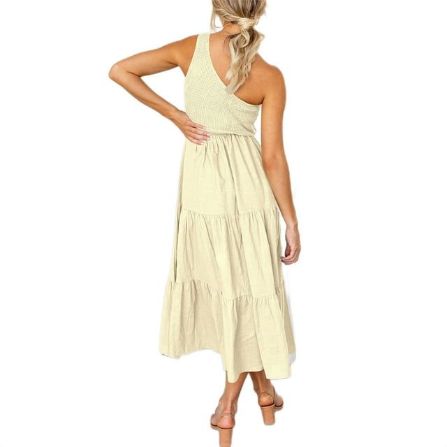 Minnieouse Vestido largo de mujer estético sin mangas plisado un hombro vestido de noche Club playa vacaciones mujer ropa de verano Vestidos Albaricoque S Minnieouse AP011089-17