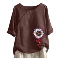 thumbnail image 2 of Sakmal Short Sleeve Womens Fashion Brown Graphic V-Neck Independence Day Cotton and Linen T-Shirts Ladies Shirts, 2 of 3