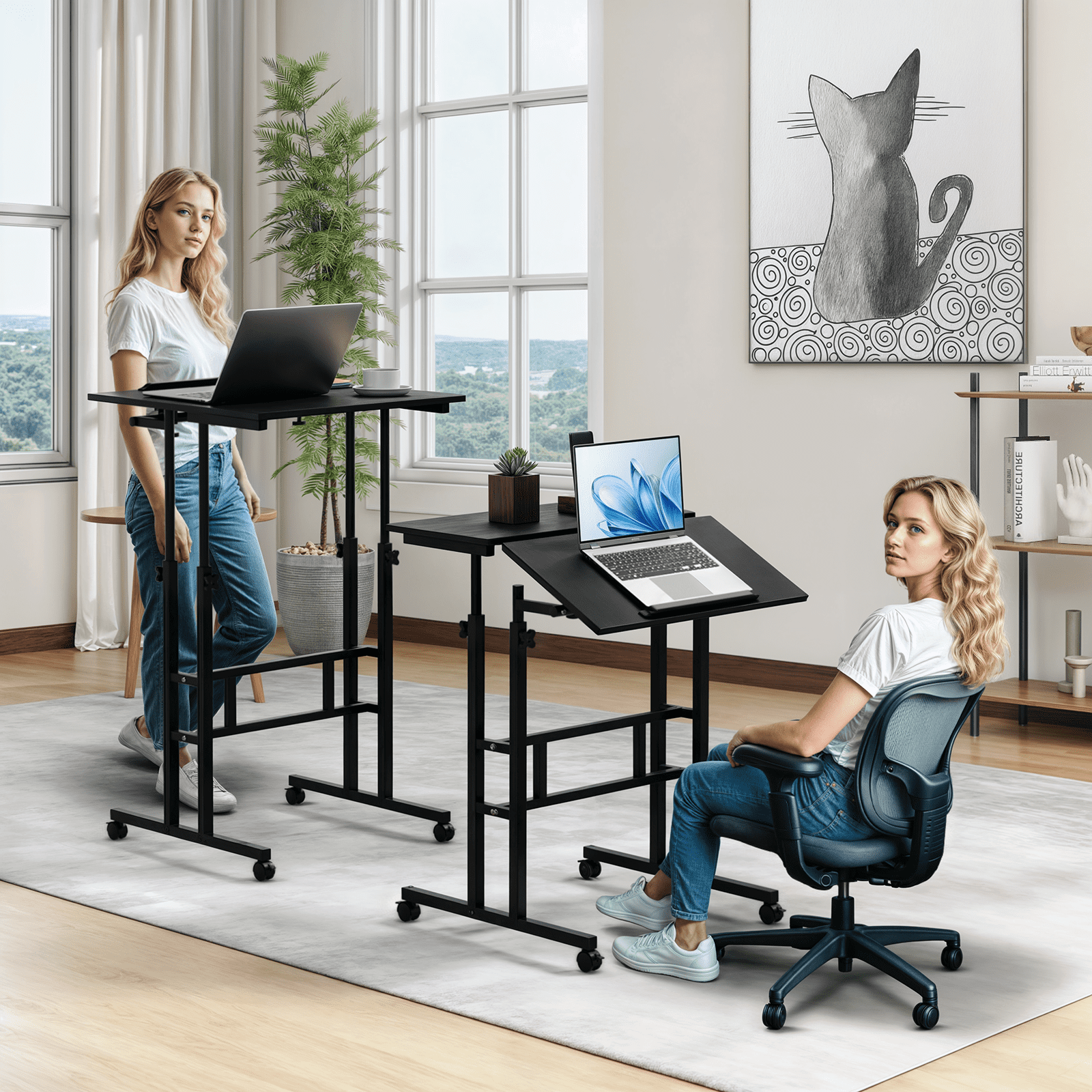 Magshion Computer Desk with Tilting Table, Adjustable Height Small Standing Desk with Monitor Shelf for Standing or Sitting, Black