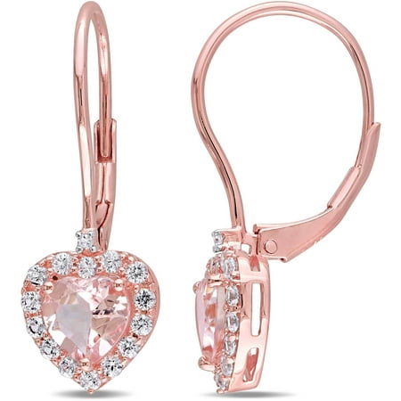 Tangelo 1-4/5 Carat T.G.W. Morganite and Created White Sapphire with Diamond-Accent Rose Rhodium-Plated Sterling Silver Leverback Earrings