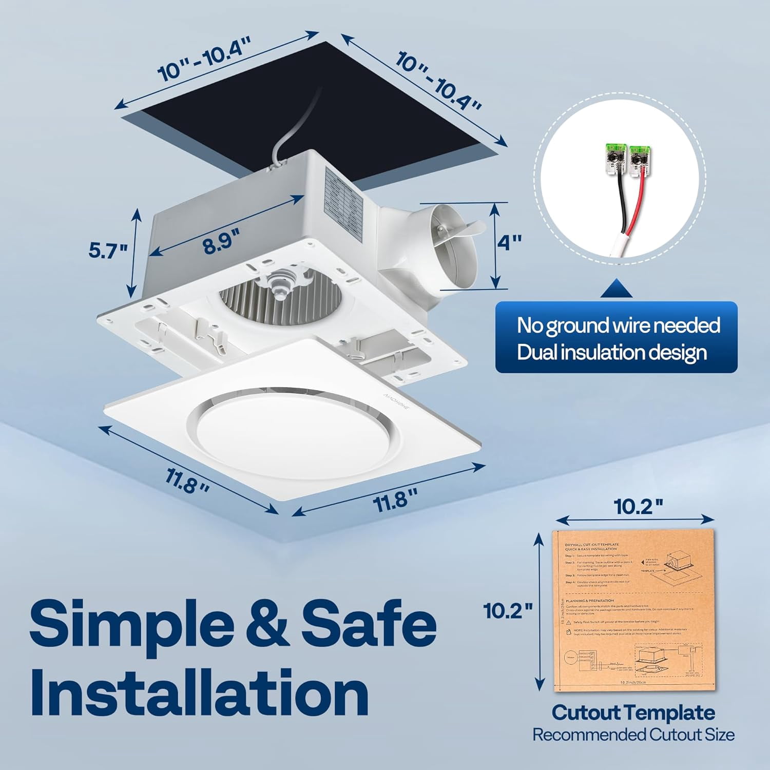 SPECSTAR AutoFlow Bathroom Exhaust Fan with Humidity Sensor 110CFM - Energy-Saving EC Motor,10.2-inch Ceiling Retrofit Bath Fan, No Attic Access Needed(Install Kit, 4-in Duct Included)