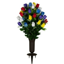 Sympathy Silks Artificial Cemetery Flowers - Multi-Color Rose Buds Bouquet and Vase for Outdoor Memorials