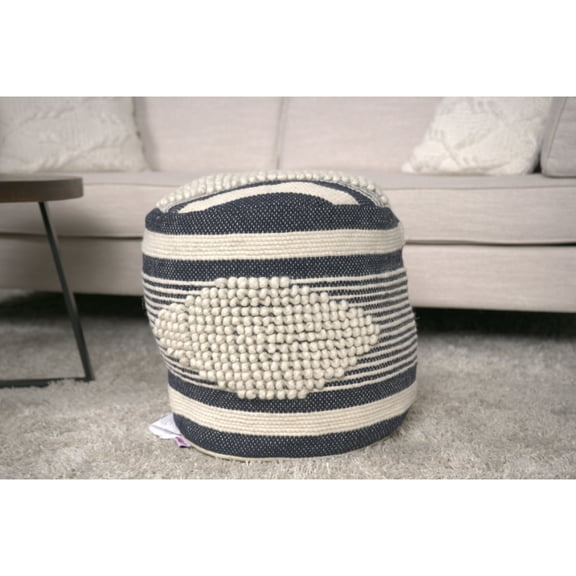 Fabric Cylindrical Pouf - Beige And Dark Grey Expertly Made Wool & Cotton 16x16x16 250lb Capacity Spot Clean Dawn Handmade 16"x16"x16" 250 Lbs Only