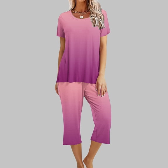 Cagogo Women's 2 Piece Crop Top Capri Set Casual Summer Lounge Outfits Round Neck Short Sleeve Tshirt Matching Pants Comfy Travel Airport Clothes, Pink S