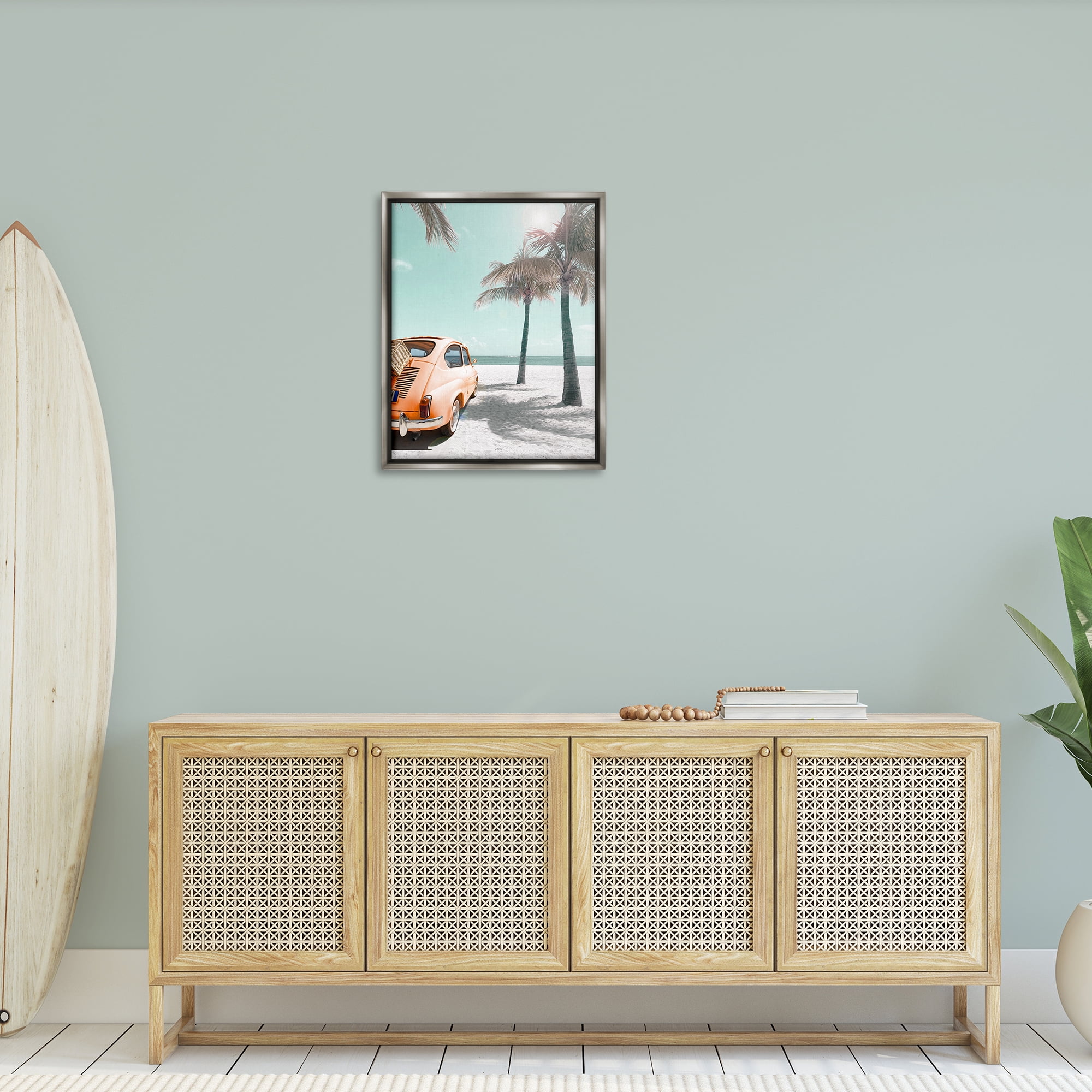 Stupell Industries Orange Car on Beach Coastal Painting Gray Floater Framed Canvas Art Print Wall Art, 25 x 31