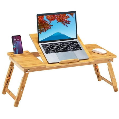 Easy Desk Bamboo Laptop Desk Table w/ CPU Cooling Fan, Portable Folding Breakfast Bed Serving Tray w/ Drawer, Computer Tray Stand Holder 28" Large