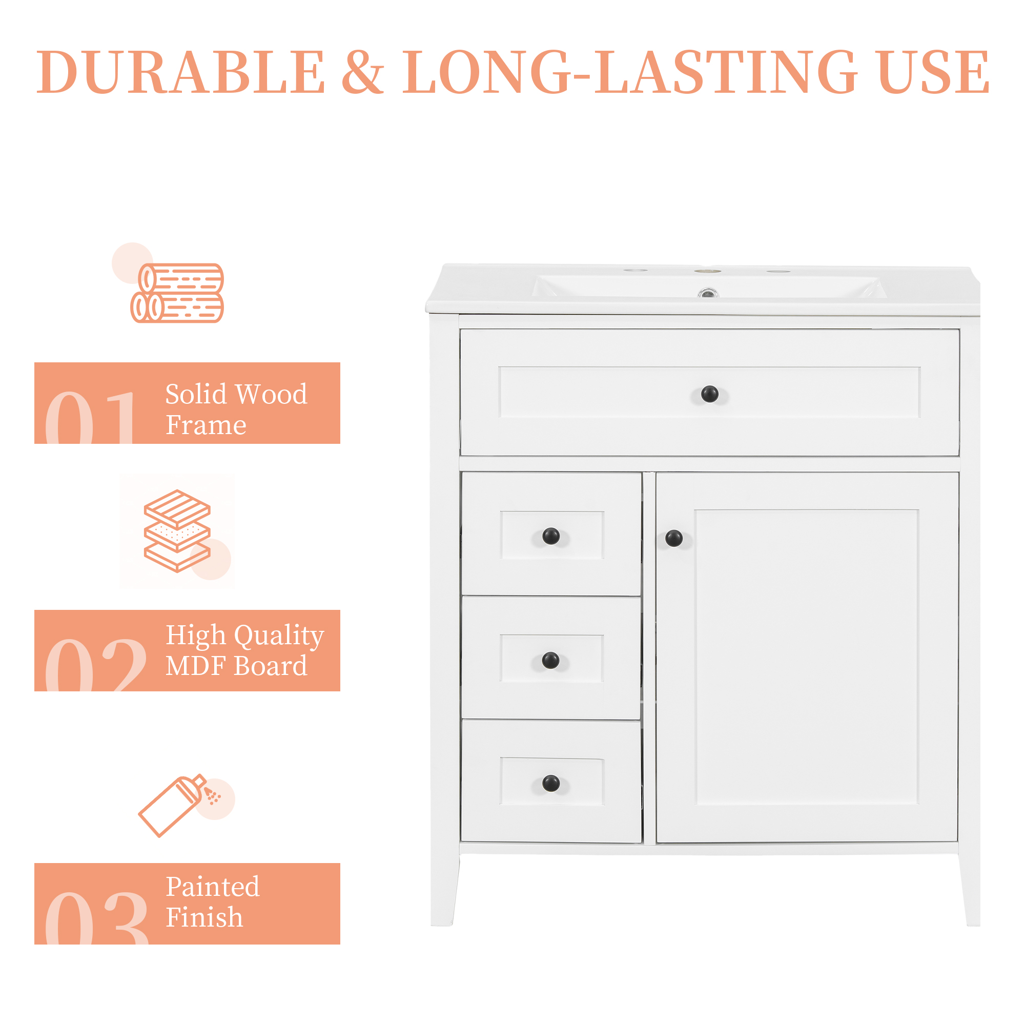 Euroco 30-Inch White Bathroom Vanity with Sink, Modern MDF and Rubberwood Cabinet with 3 Drawers and Adjustable Shelf, Freestanding Vanity for Bathroom Storage and Organization
