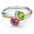 thumbnail image 2 of Gem Stone King 925 Sterling Silver and 10K Yellow Gold Pink Tourmaline Green Peridot 2 Stone and Lab Grown Diamond Accent Ring for Women (1.10 Cttw, Gemstone October Birthstone, Size 6), 2 of 4