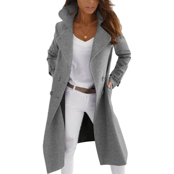 Women Elegant Double Breast Wool Blend Pea Coat Winter Long Coats Jacket Overcoat Gray XXXL