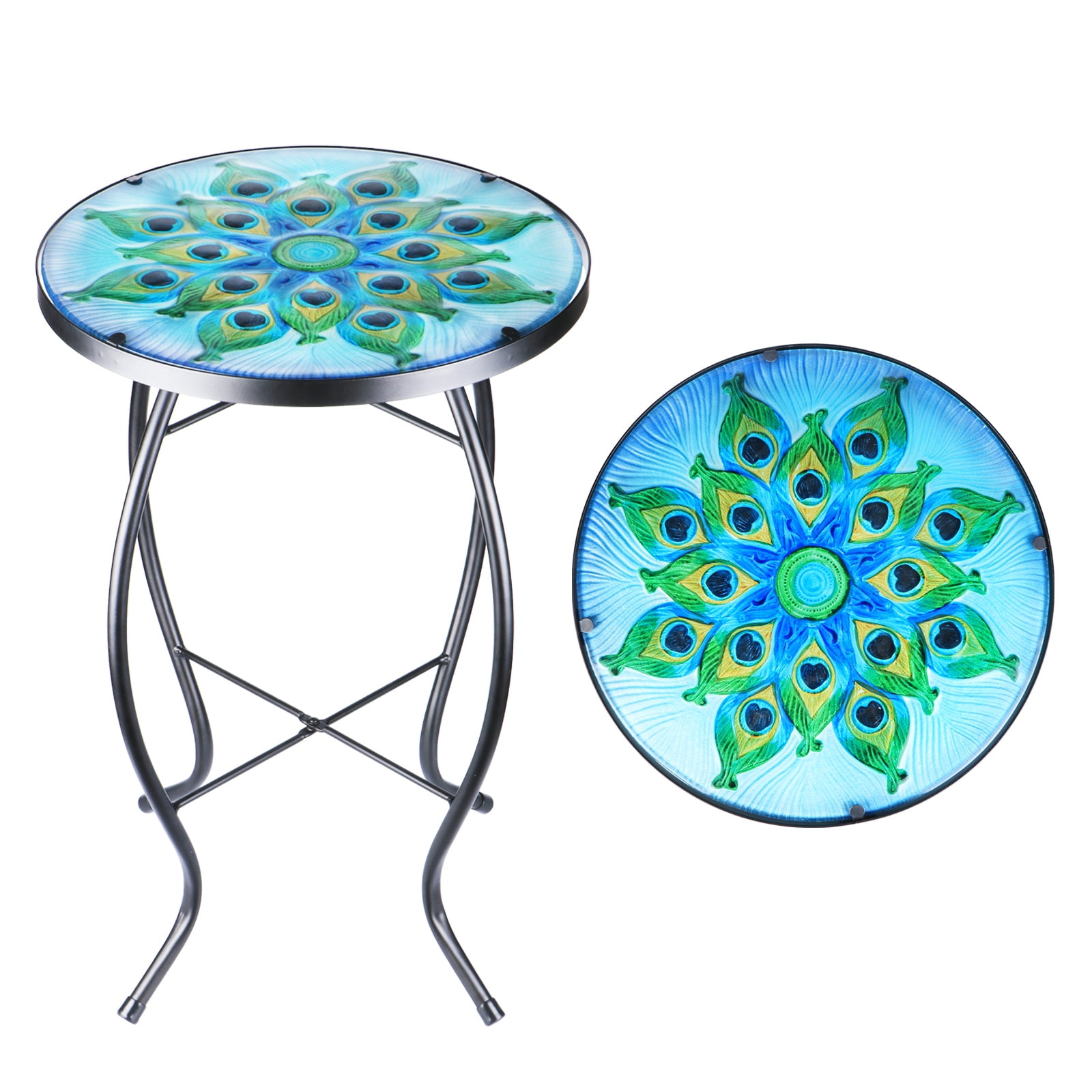 VCUTEKA Patio Side Table Mosaic Bitro Outdoor Accent Table Small End Table Glass Top Round Balcony Coffee Table Porch Indoor 