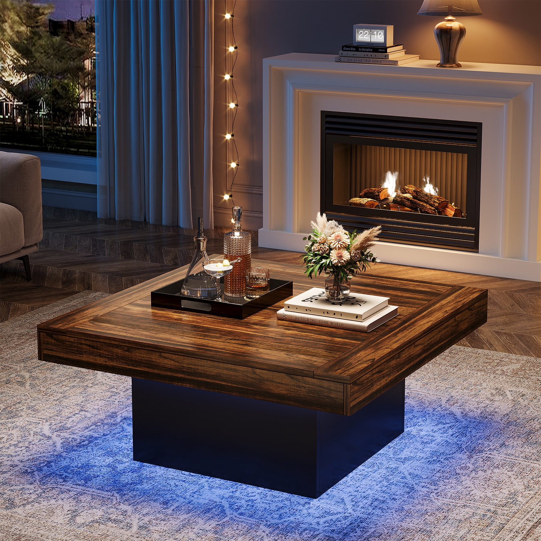 Fnova 36" Farmhouse Coffee Table with LED Lights, Rustic Wood Coffee Table for Living Room, Dark Brown and Black