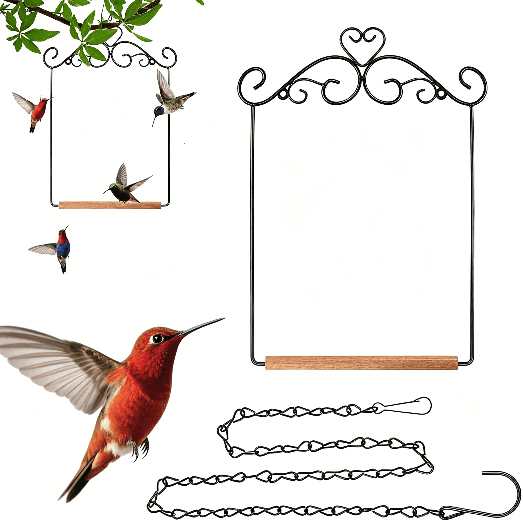 BESTSKY 2 Pack Hummingbird Swing,Metal Frame Hummingbird Swings and Perches with Wooden Dowel and Hanging Chain,Bird Cage Swing Toy Playground Stand