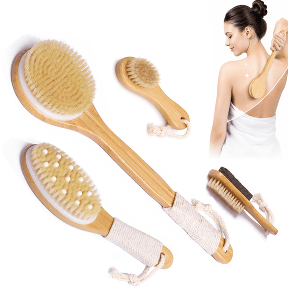 DAEX Natural Boar Bristle Dry Body Brush – Bamboo Exfoliating Brush with Long Handle for Back, Face & Feet