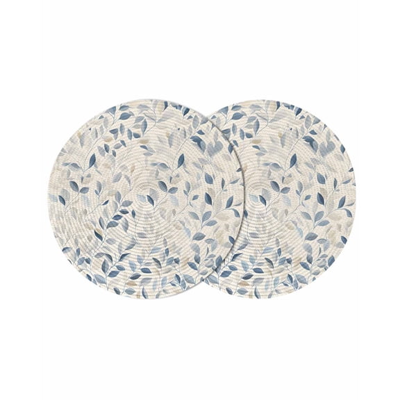 Blue Botanical Round 13 Inch Placemats Set of 2, Farmhouse Spring Summer Plant HeatResistant Non Slip Place Mats for Dining Table, Wipeable Braided Kitchen Table Mats for Housewarming