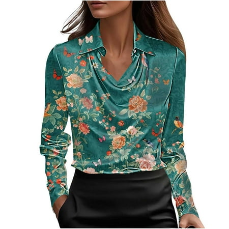 Women Fall Clothes Fall Winter Fashion Womens Satin Top Long Sleeve Floral Print Blouse Cowl Neck Lapel Neck Shirt New Arrivals My Items