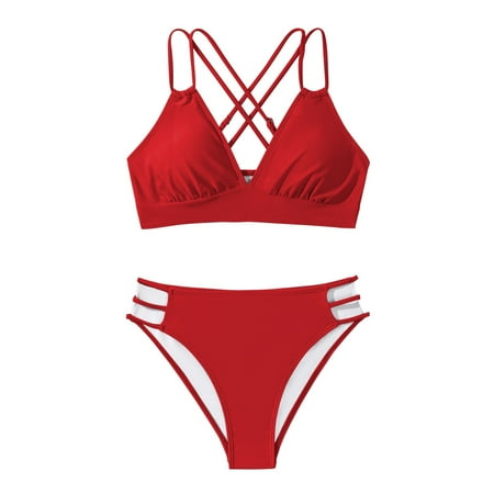 Sngxgn Women s Bowkont Front Bikini Set Tummy Control High Waisted Belted Bathing Suit(Red S)
