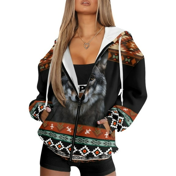 SCRAWLGOD Wolf American Tribal Comfy Full-Zip Hoodies for Women Polyester Comfortable Sweatshirt Long Sleeve Cardigan for Date Nights, Weekend Getaways, XS