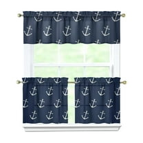 Kitchen Curtains 24 Inch Short - 3 Panel Set, Nautical Anchor Lighthouse Coastal Design, Rod Pocket Window Curtain for Beach House, Marine Ocean Wave Pattern, Easy Wash