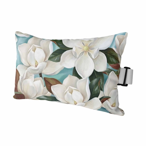 Magnolia Blossom Outdoor Pillows for Chaise Lounge Chair Waterproof Lumbar Pillows with Insert&Adjustable Strap Beach Headrest Pillow Spring White Floral Flowers Farmhouse Green Pool Pillow 11"x16"