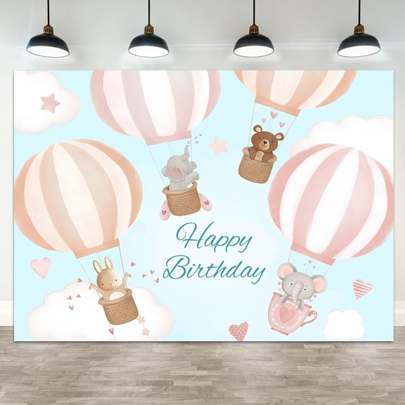 Happy Birthday Backdrop Pink Hot Air Balloon Photography Background Bear Elephant Blue Sky White Cloud Kids Birthdays Party Banner Decorations Baby Newborn Parties Photo Booth Props