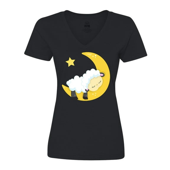 Inktastic Cute Sheep Sleeping On The Moon, White Sheep, Star Women's V-Neck T-Shirt