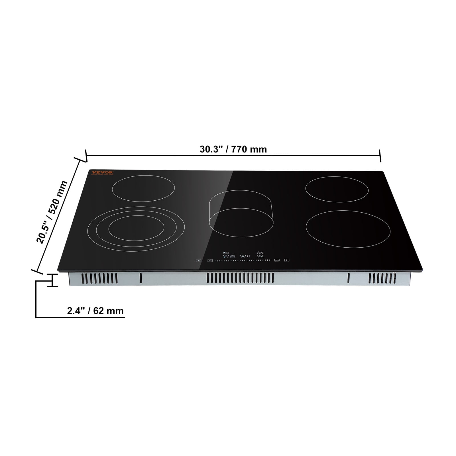 VEVOR Built in Electric Stove Top, 30.3 x 20.5 inch 5 Burners, 240V Glass Radiant Cooktop with Sensor Touch Control, Timer & Child Lock Included, 9 Power Levels for Simmer Steam Slow Cook Fry